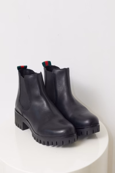 Ghete Chelsea din Piele Naturală Neagră Cu Detaliu Multicolor- 38